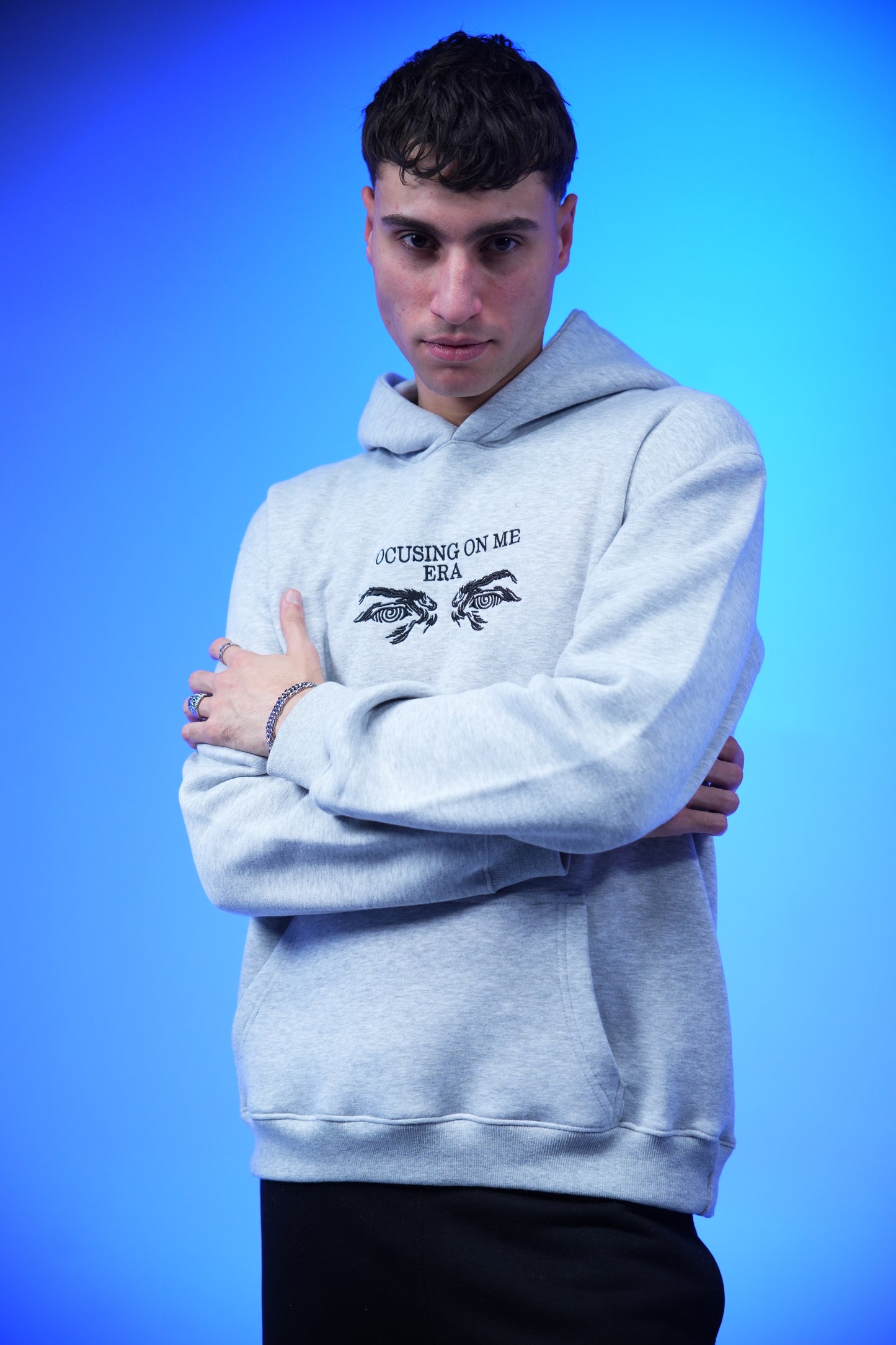 “FOCUSING ON ME ERA” Embroidery Oversized Hoodie Light Gray - Denjoe