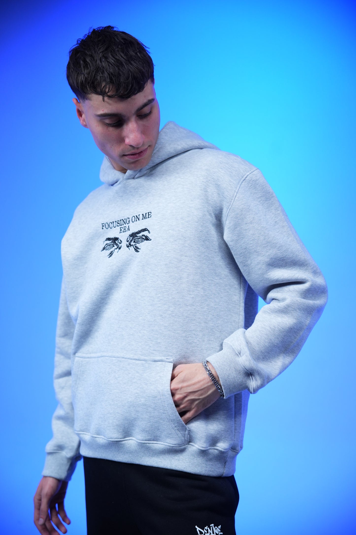 “FOCUSING ON ME ERA” Embroidery Oversized Hoodie Light Gray - Denjoe