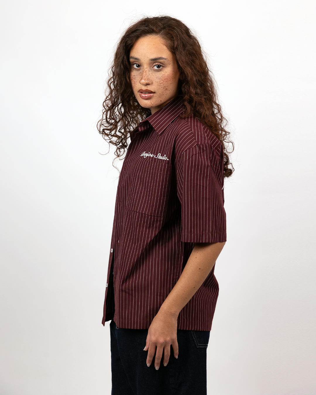 Short Sleeve Striped Shirt Boxy Fit - Burgundy