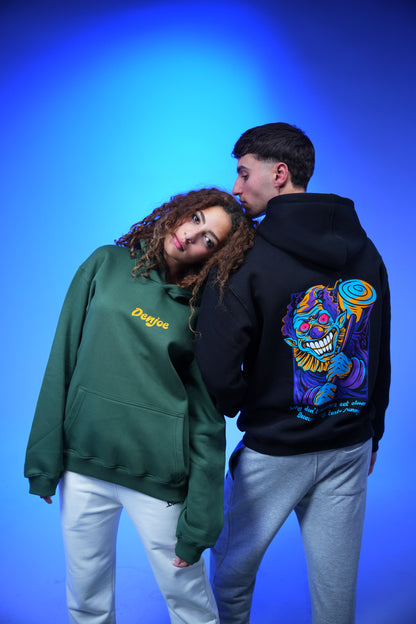 “What don’t monsters eat clowns Because they taste funny” Printed Oversized Hoodie Dark Green - Denjoe