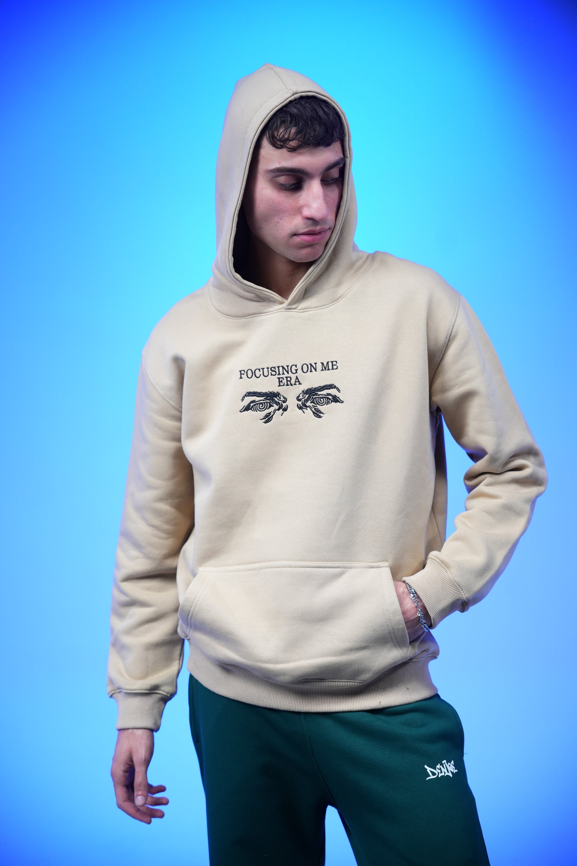 “FOCUSING ON ME ERA” Embroidery Oversized Hoodie Beige - Denjoe