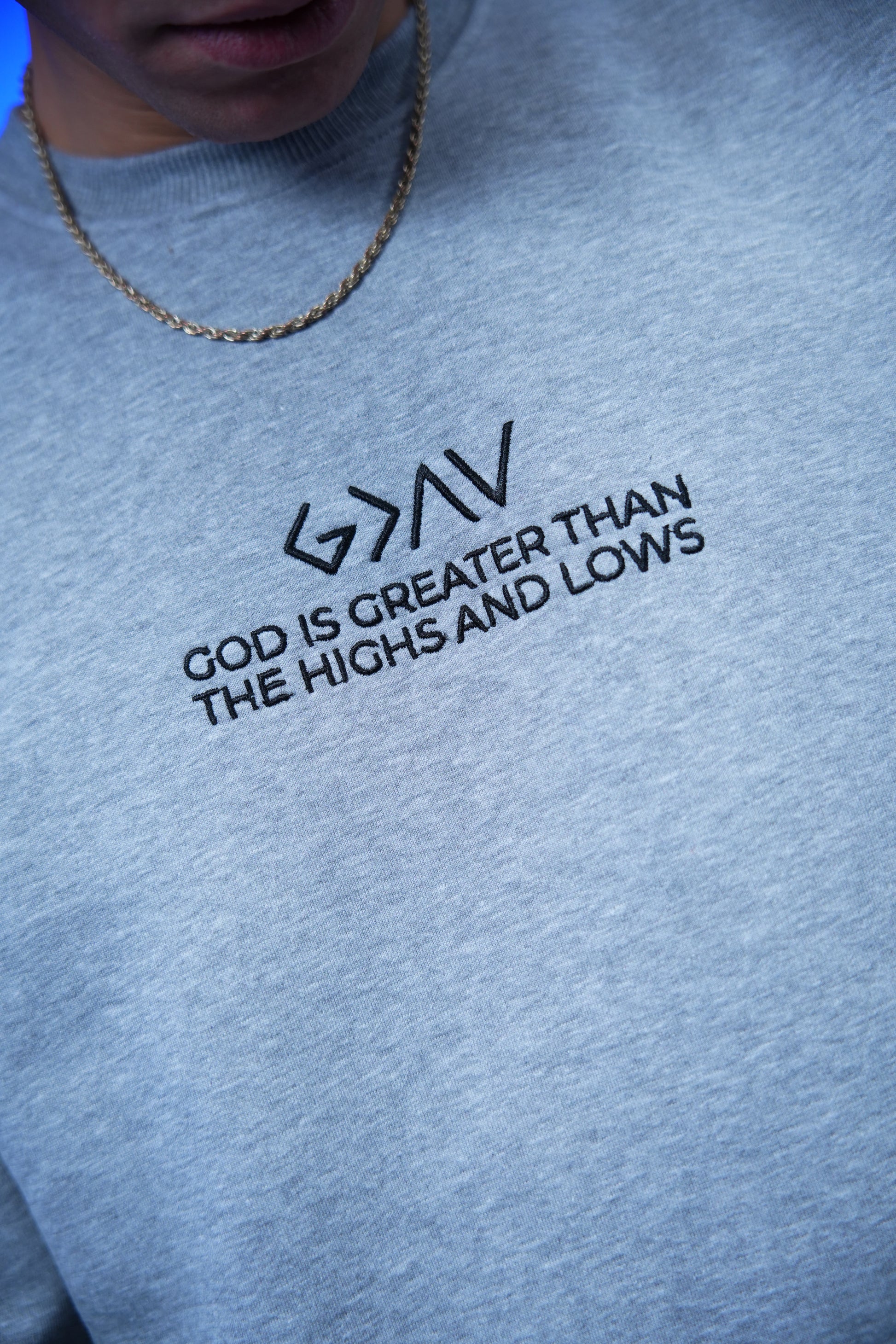 “GOD IS GREATER THAN THE HIGHS AND LOWS” Embroidery Oversized Crewneck Sweatshirt - Denjoe