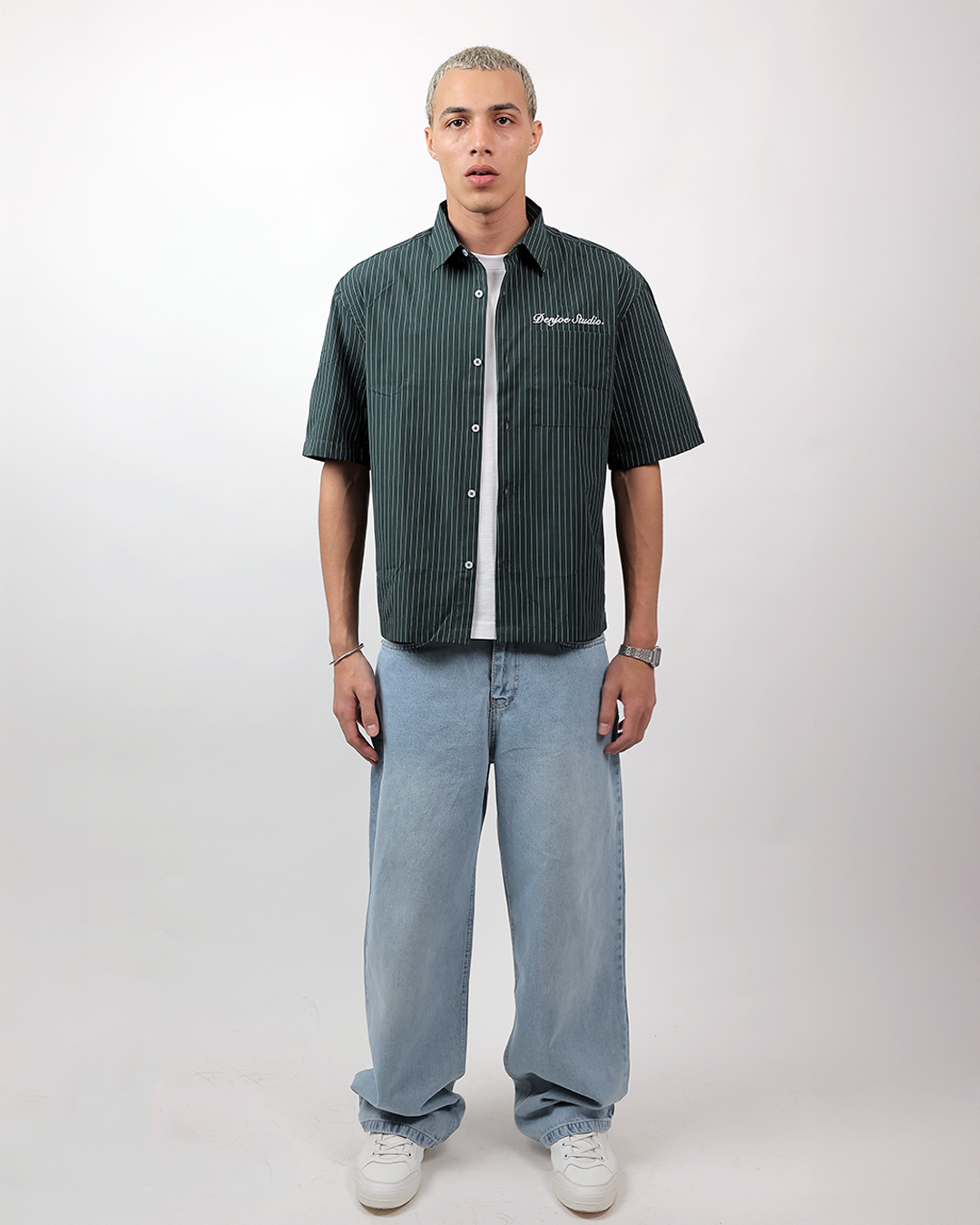Short Sleeve Striped Shirt Boxy Fit - Forest Green