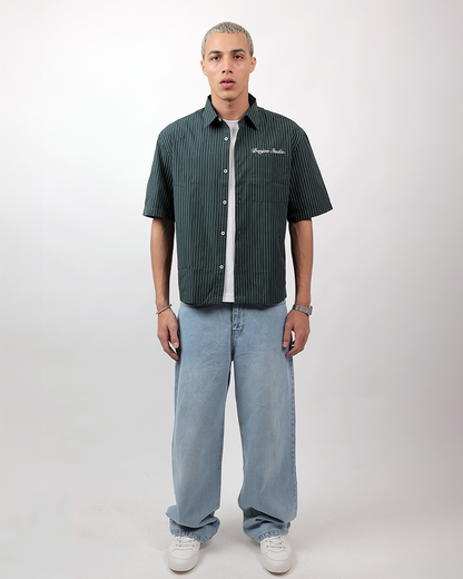 Short Sleeve Striped Shirt Boxy Fit - Forest Green