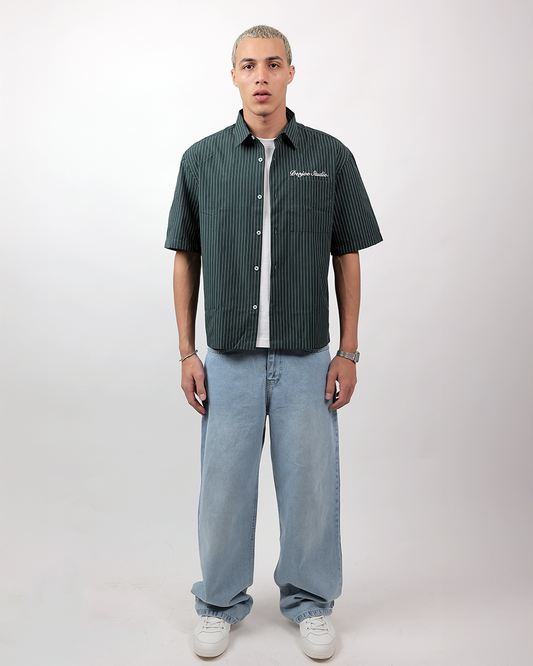 Short Sleeve Striped Shirt Boxy Fit - Forest Green