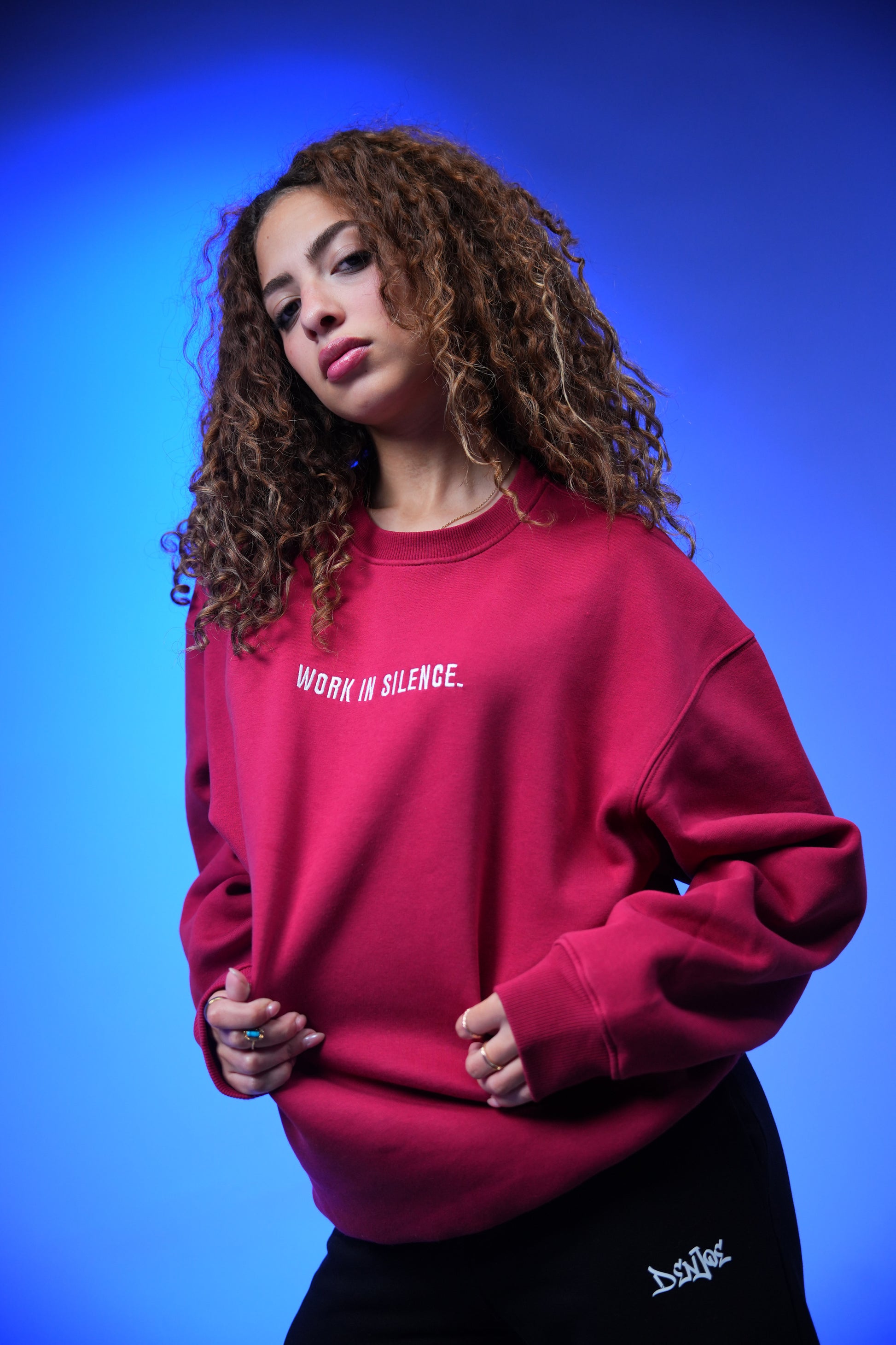 “WORK IS SILENCE” Embroidery Oversized Crewneck Sweatshirt - Denjoe