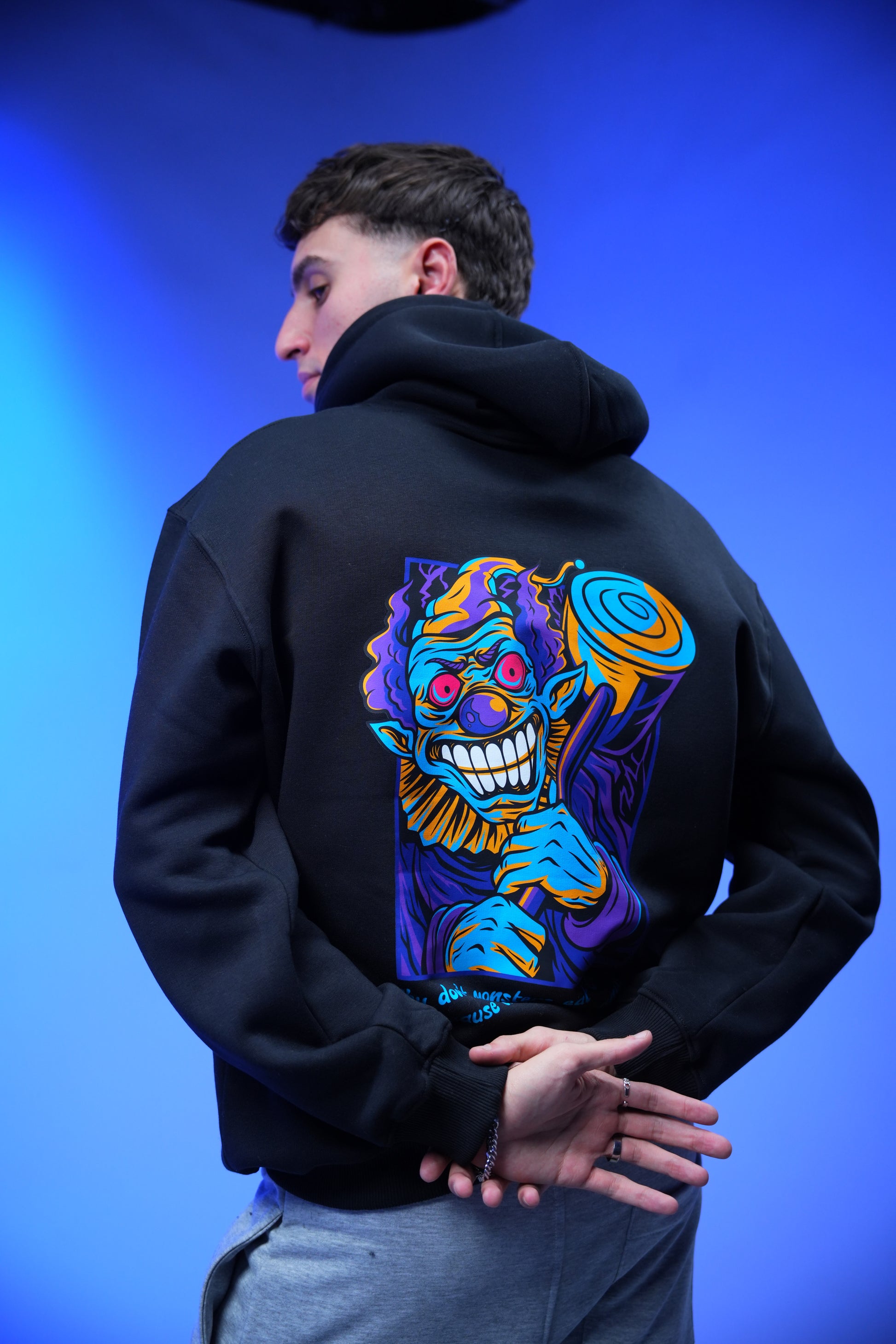 “What don’t monsters eat clowns Because they taste funny” Printed Oversized Hoodie Black - Denjoe