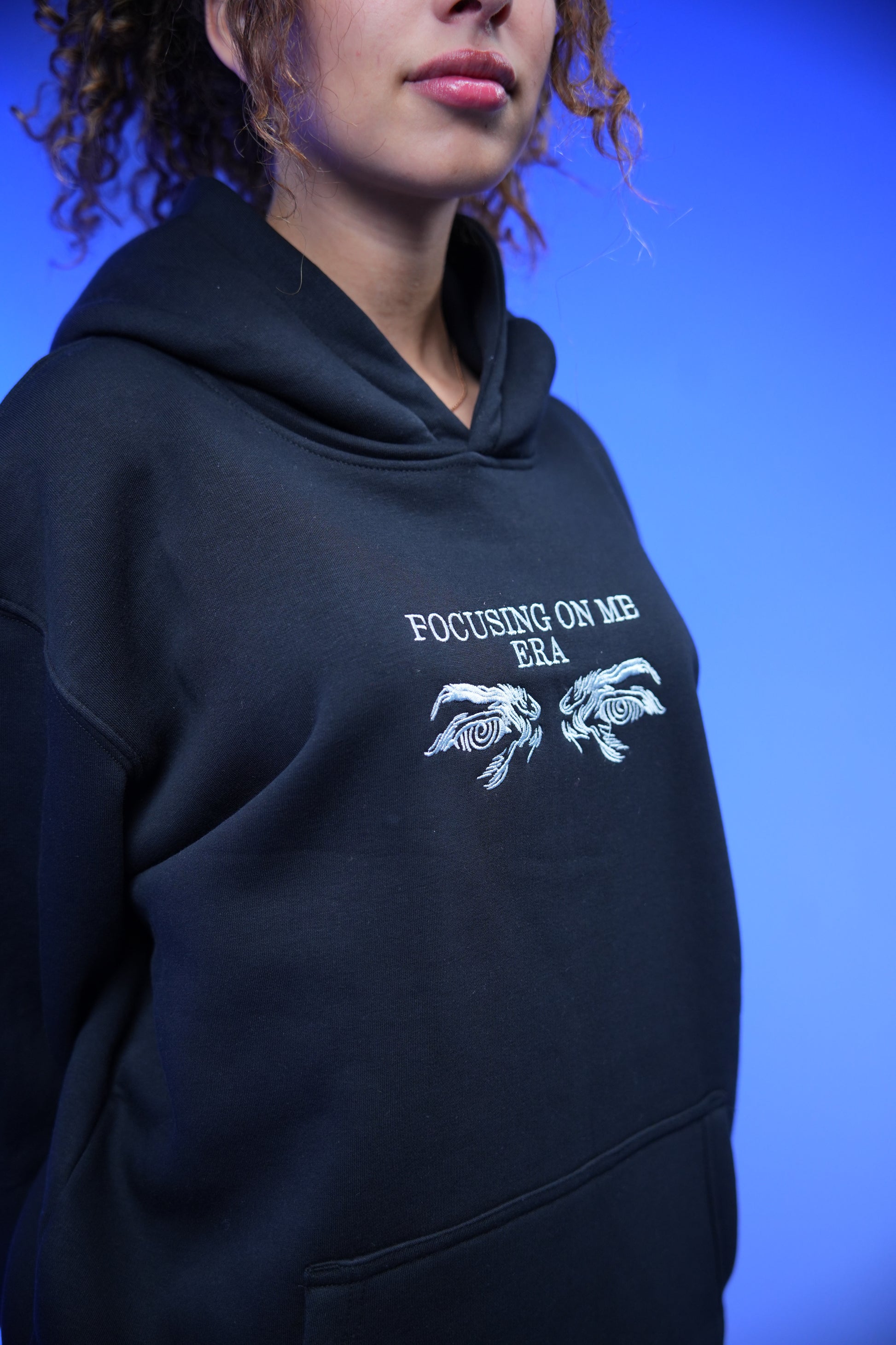 “FOCUSING ON ME ERA” Embroidery Oversized Hoodie Black - Denjoe