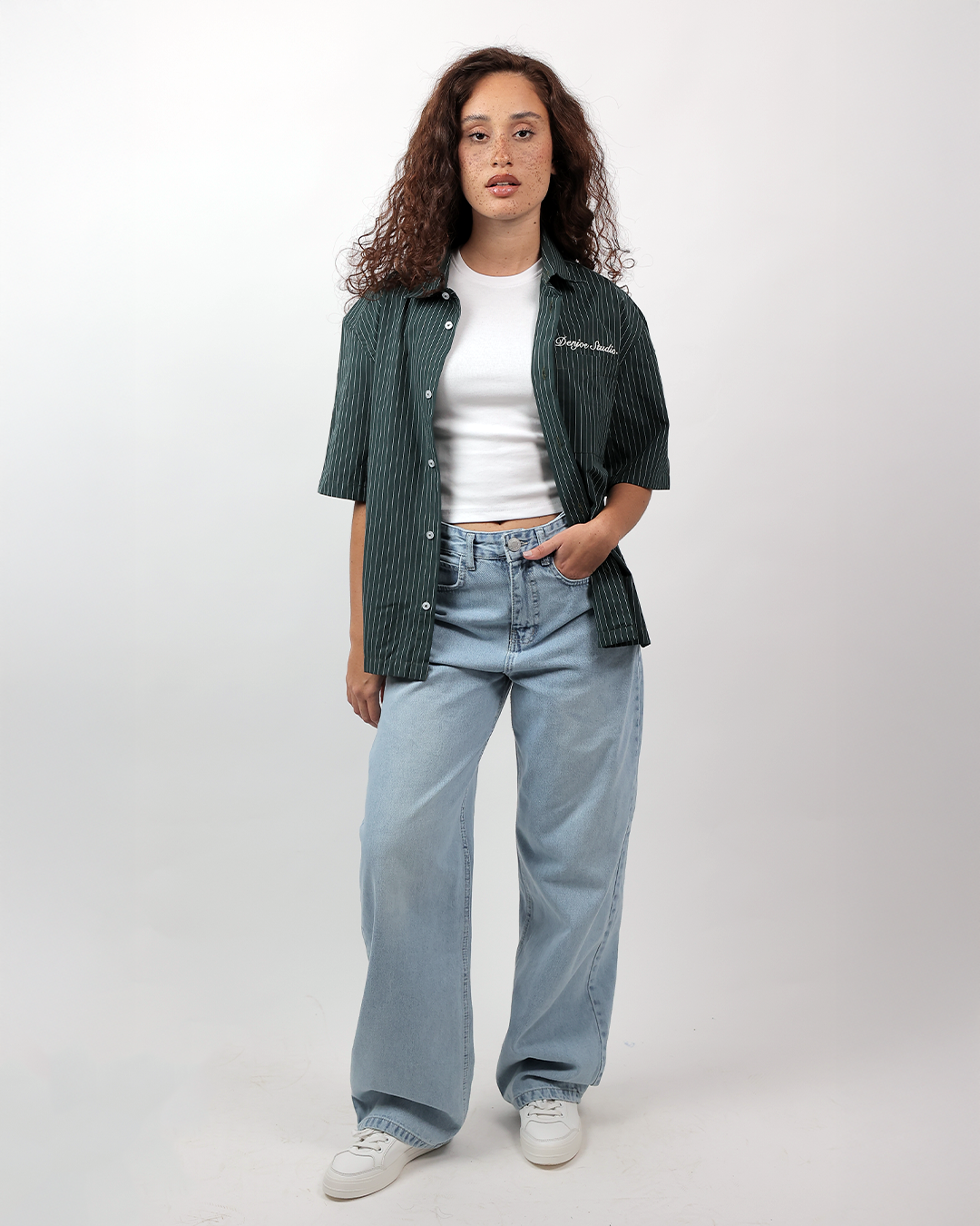 Short Sleeve Striped Shirt Boxy Fit - Forest Green