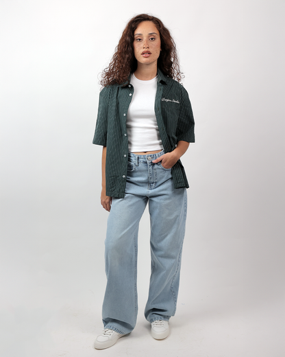 Short Sleeve Striped Shirt Boxy Fit - Forest Green