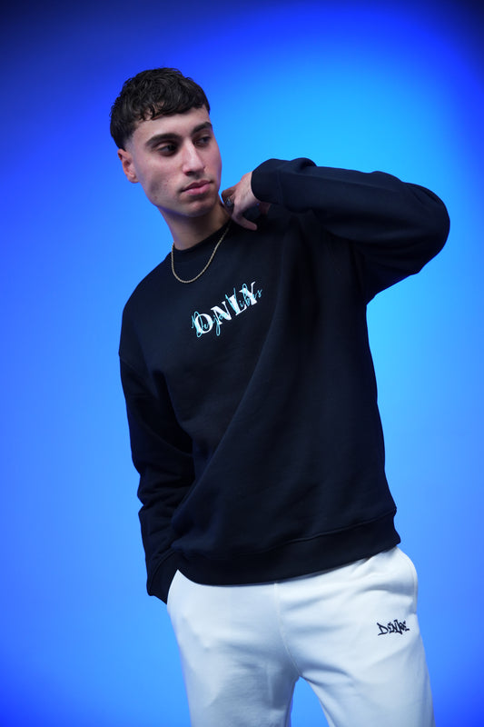 “ONLY” Embroidery Oversized Crewneck Sweatshirt Black - Denjoe