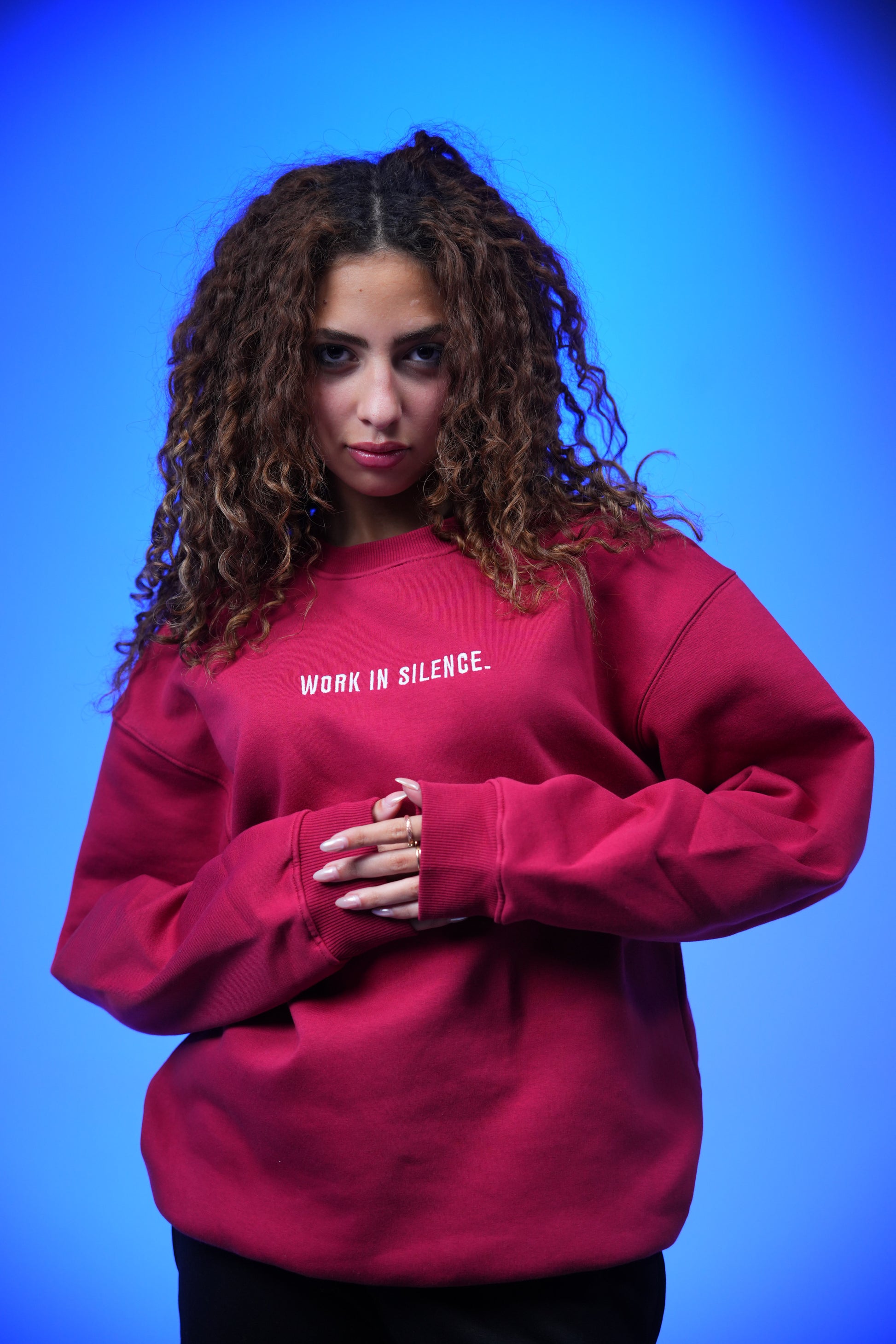 “WORK IS SILENCE” Embroidery Oversized Crewneck Sweatshirt - Denjoe