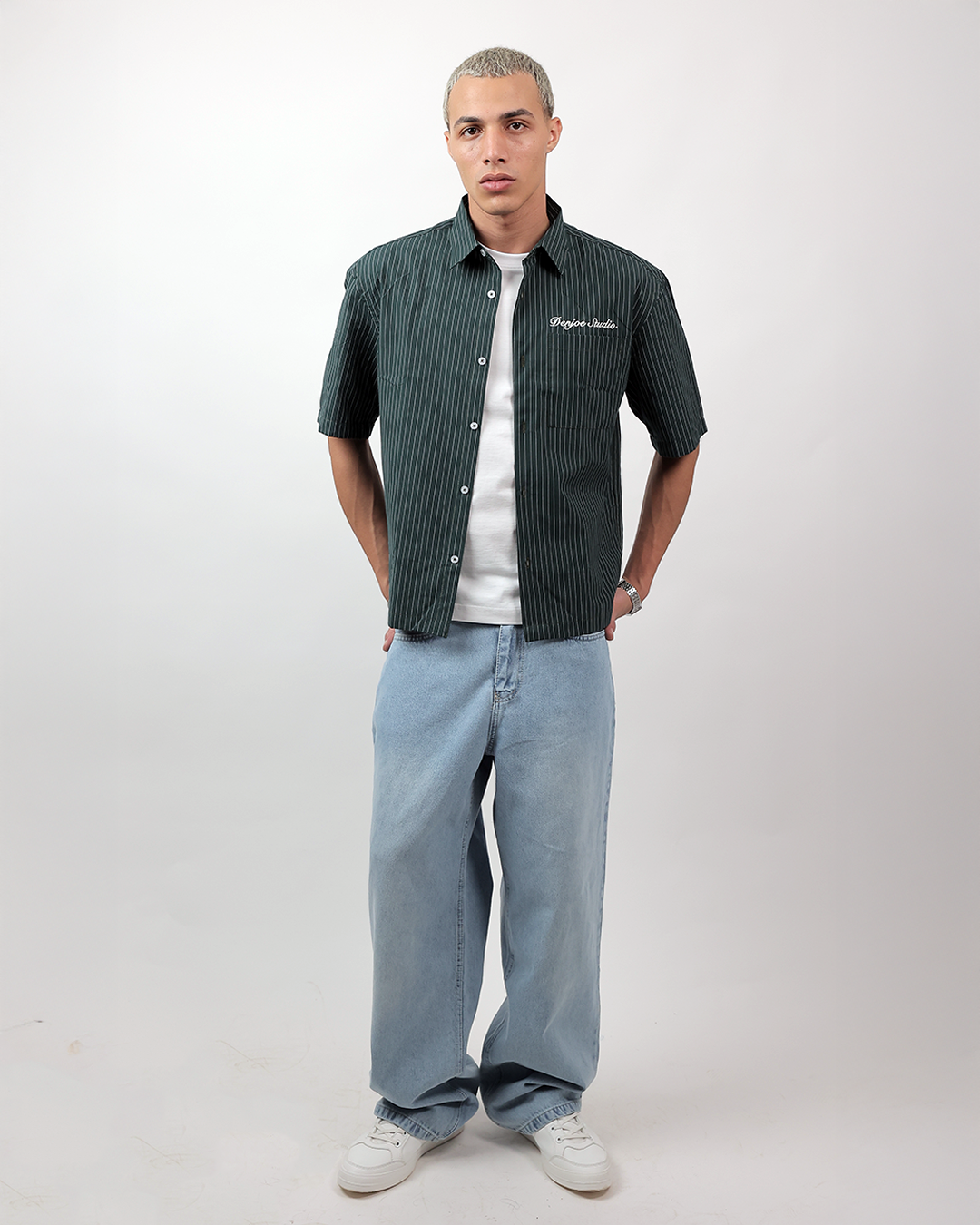 Short Sleeve Striped Shirt Boxy Fit - Forest Green