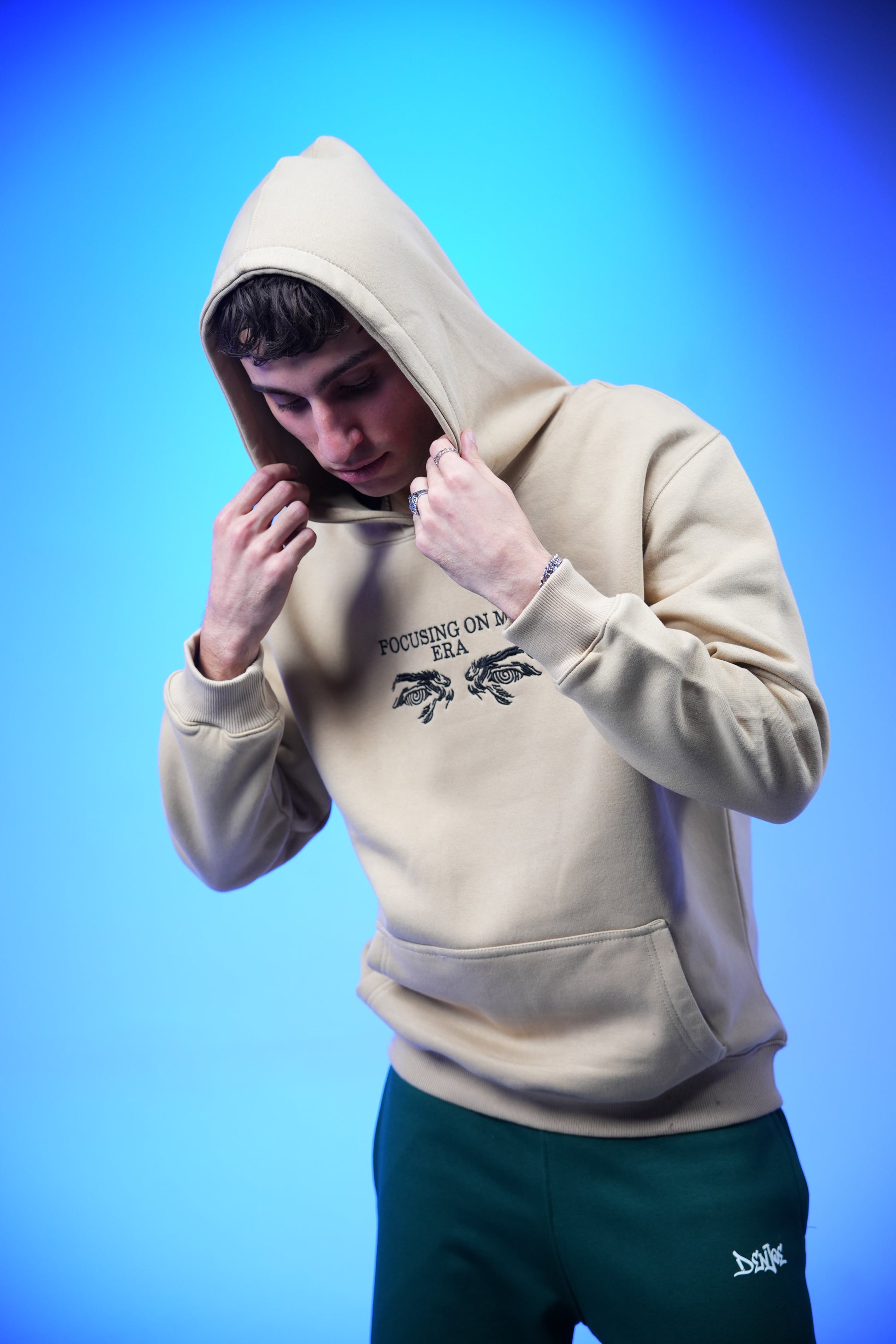 “FOCUSING ON ME ERA” Embroidery Oversized Hoodie Beige - Denjoe