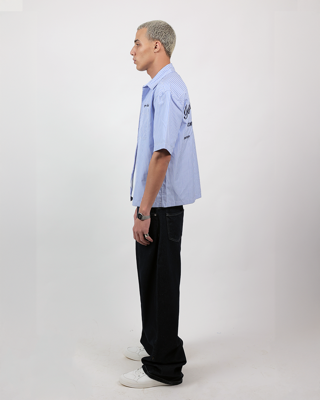 Short Sleeve Striped Shirt Boxy Fit - Skyline Blue