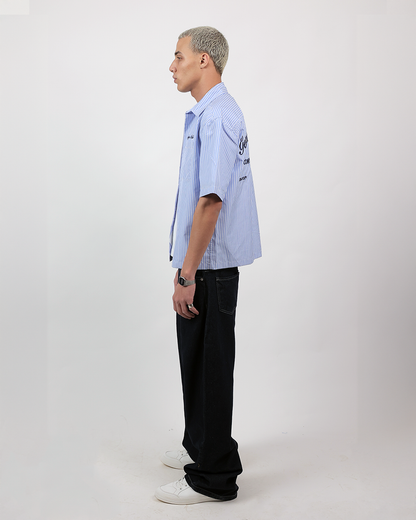 Short Sleeve Striped Shirt Boxy Fit - Skyline Blue