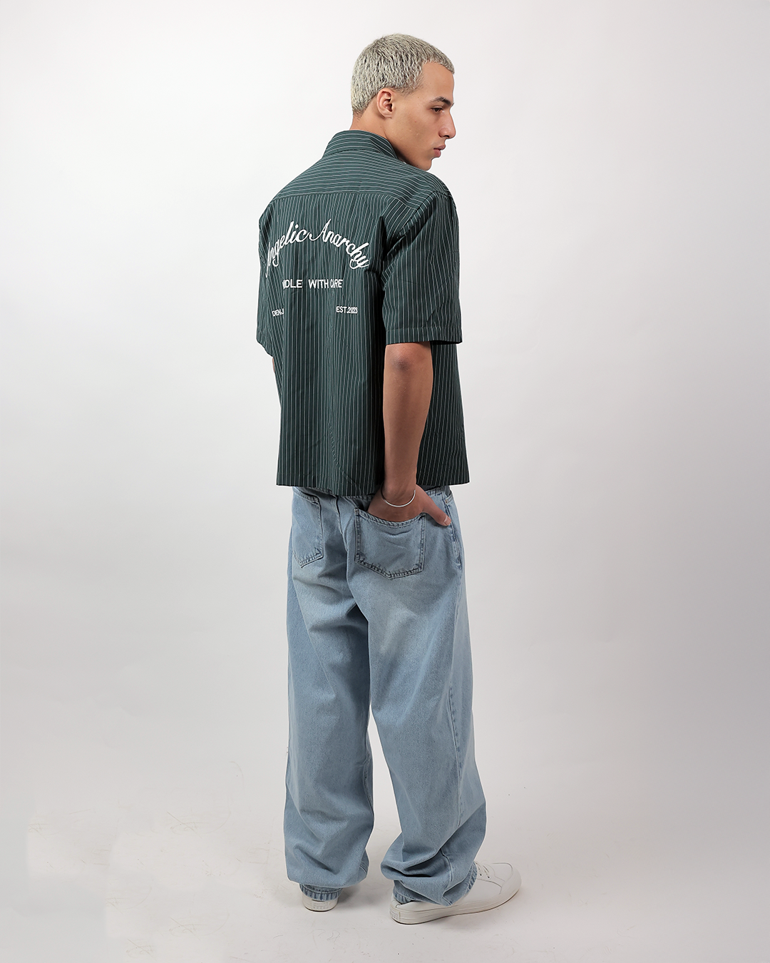 Short Sleeve Striped Shirt Boxy Fit - Forest Green