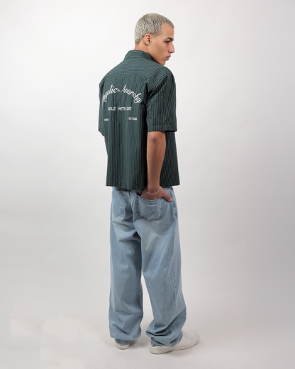 Short Sleeve Striped Shirt Boxy Fit - Forest Green