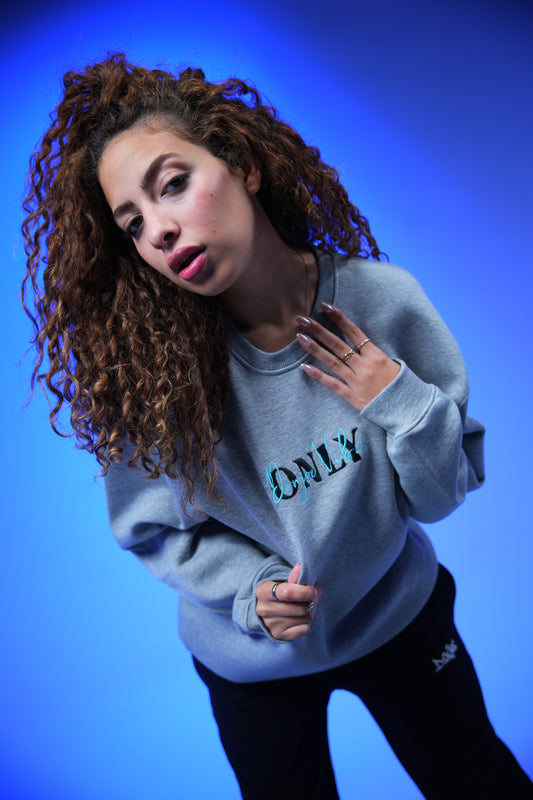 “ONLY” Embroidery Oversized Crewneck Sweatshirt Light Gray - Denjoe