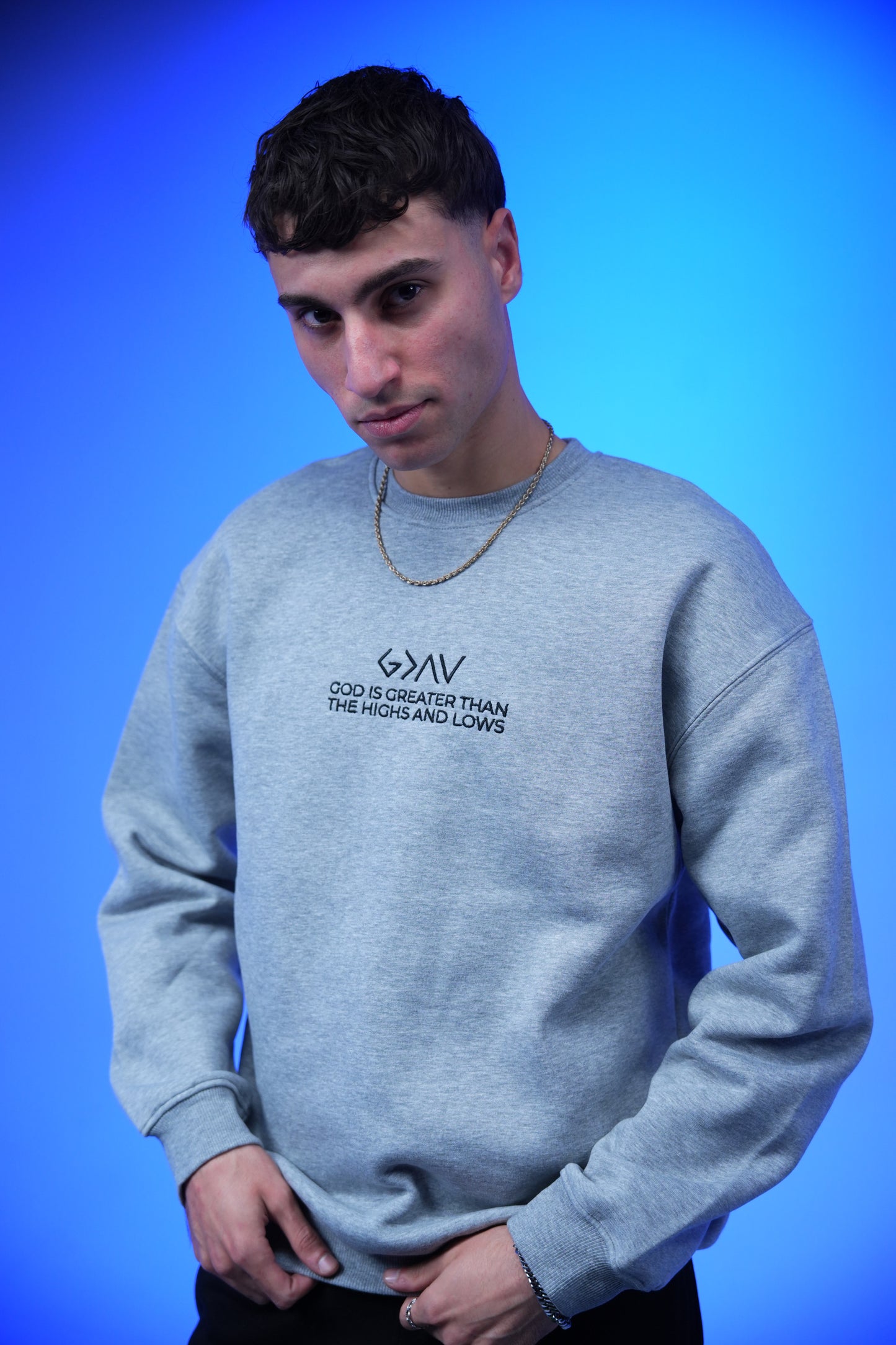 “GOD IS GREATER THAN THE HIGHS AND LOWS” Embroidery Oversized Crewneck Sweatshirt - Denjoe