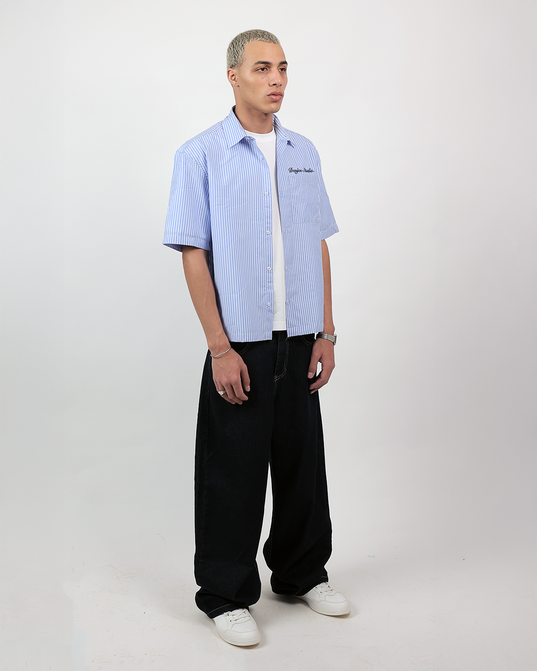 Short Sleeve Striped Shirt Boxy Fit - Skyline Blue