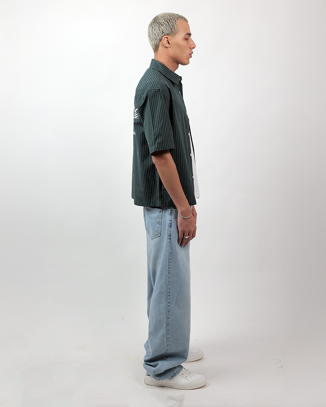 Short Sleeve Striped Shirt Boxy Fit - Forest Green
