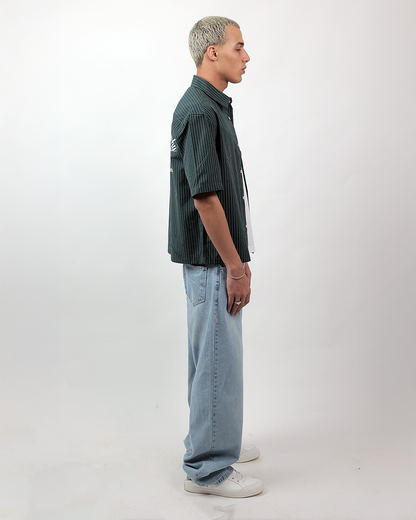 Short Sleeve Striped Shirt Boxy Fit - Forest Green