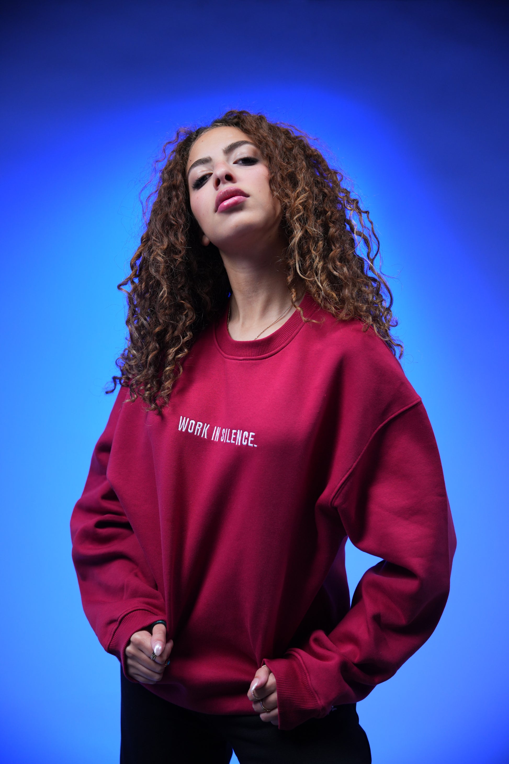 “WORK IS SILENCE” Embroidery Oversized Crewneck Sweatshirt - Denjoe