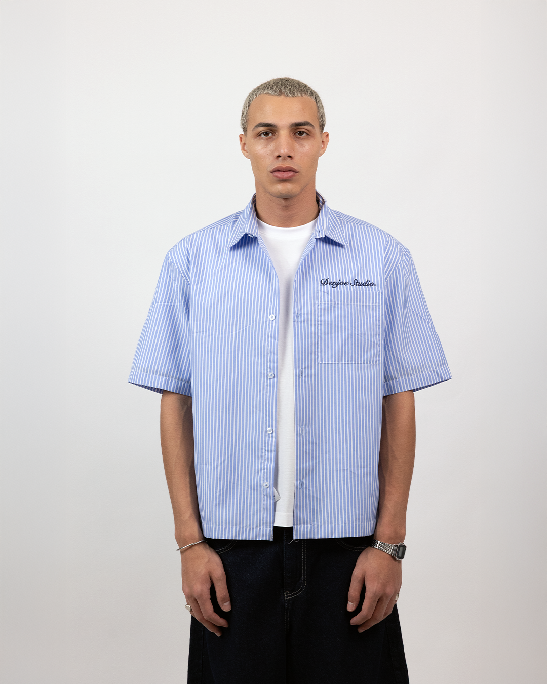 Short Sleeve Striped Shirt Boxy Fit - Skyline Blue