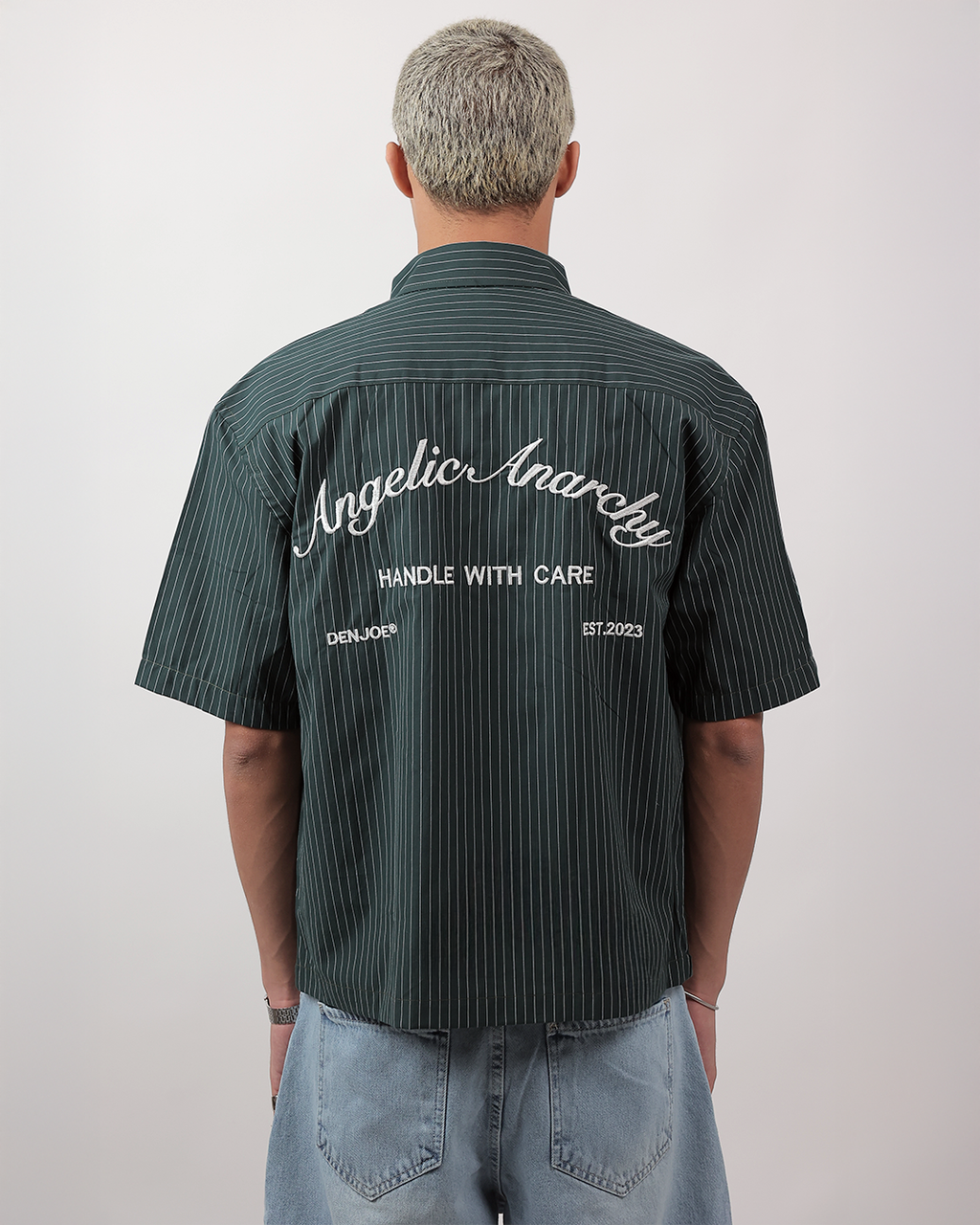 Short Sleeve Striped Shirt Boxy Fit - Forest Green