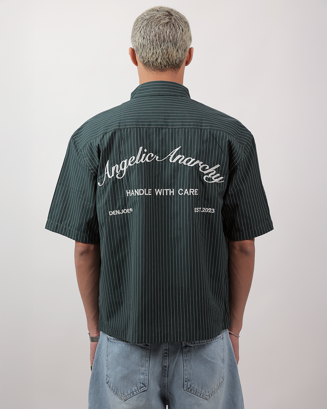Short Sleeve Striped Shirt Boxy Fit - Forest Green