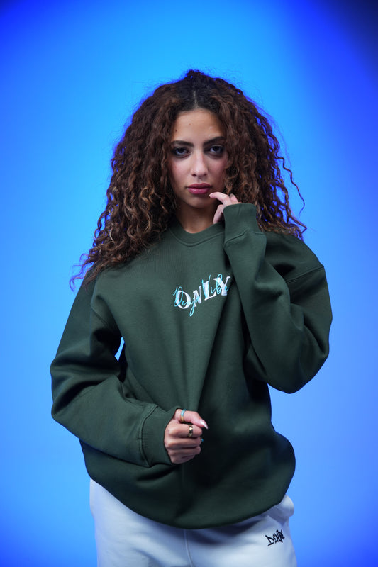 “ONLY” Embroidery Oversized Crewneck Sweatshirt Drak Green - Denjoe