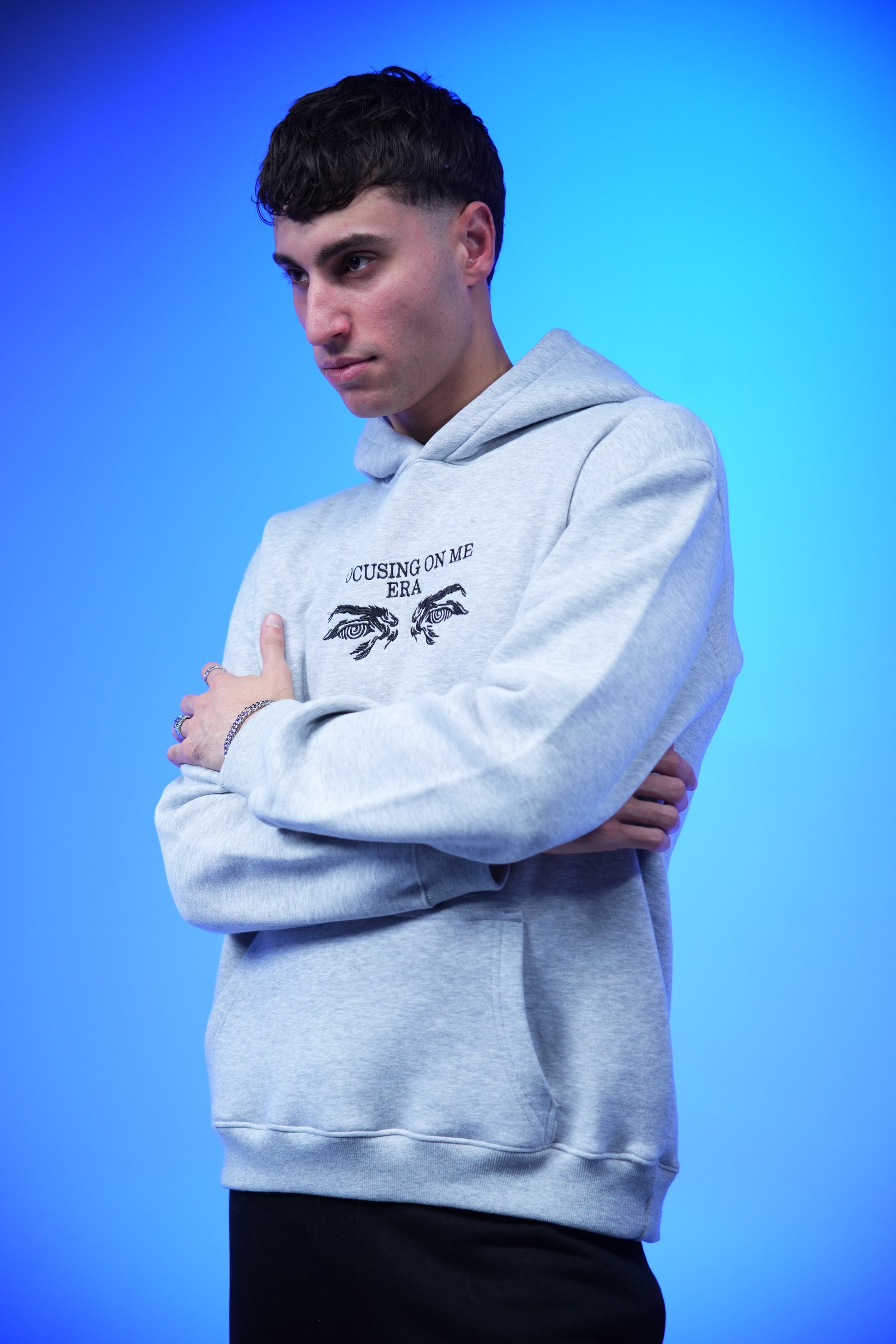 “FOCUSING ON ME ERA” Embroidery Oversized Hoodie Light Gray - Denjoe