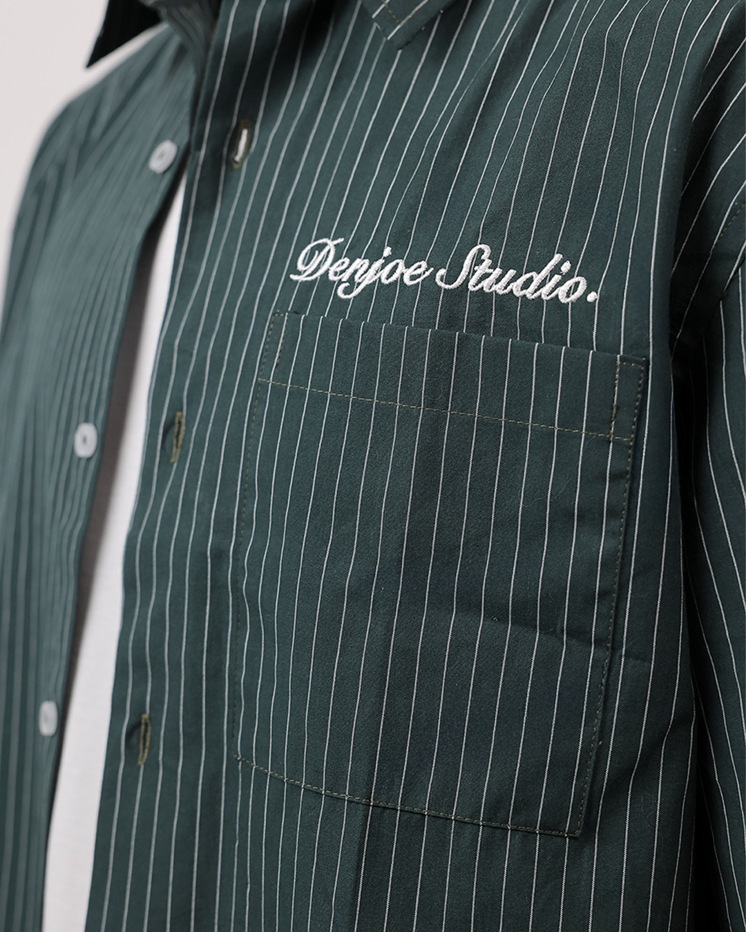 Short Sleeve Striped Shirt Boxy Fit - Forest Green