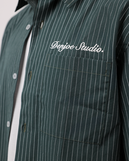 Short Sleeve Striped Shirt Boxy Fit - Forest Green