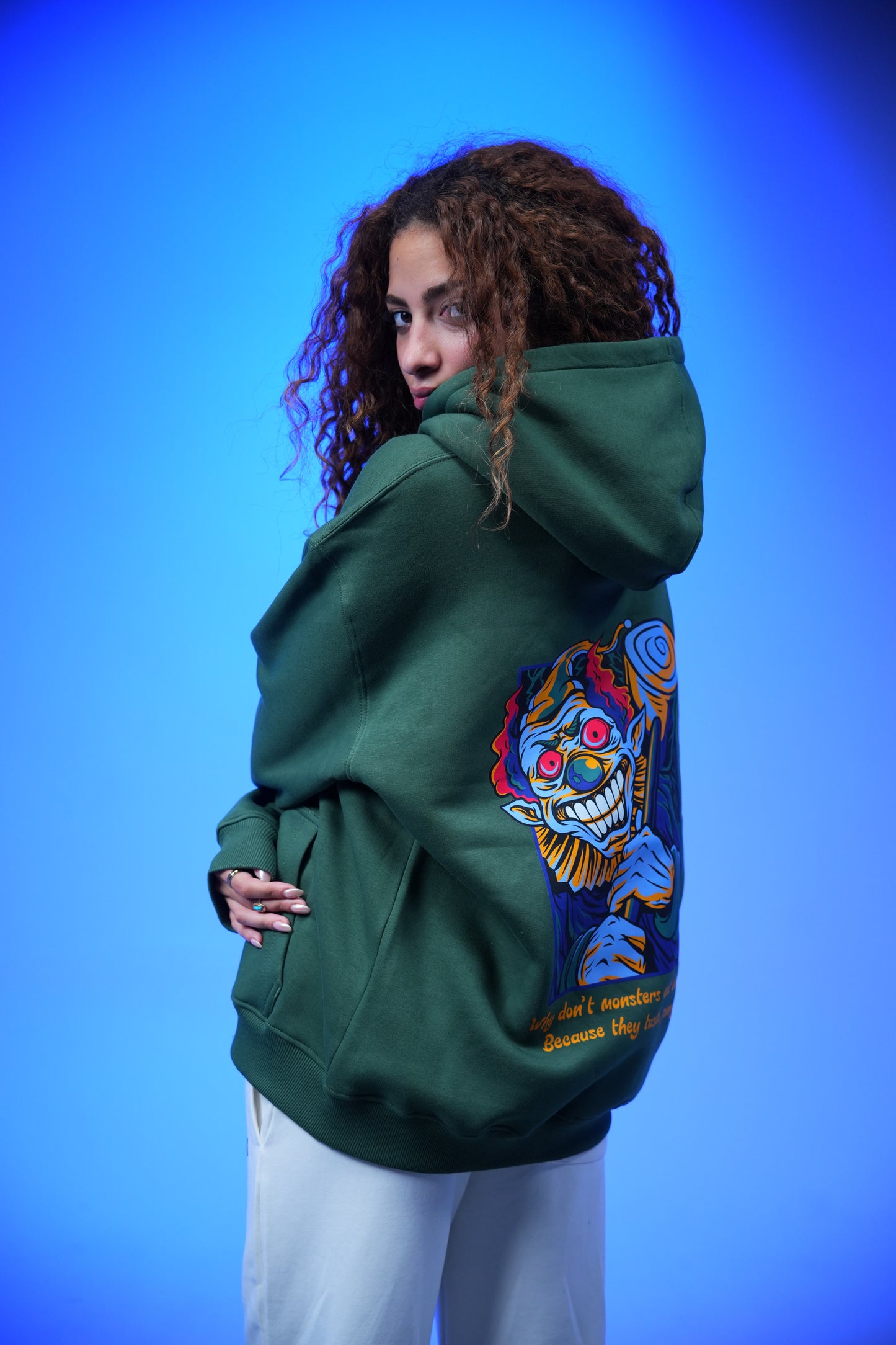 “What don’t monsters eat clowns Because they taste funny” Printed Oversized Hoodie Dark Green - Denjoe