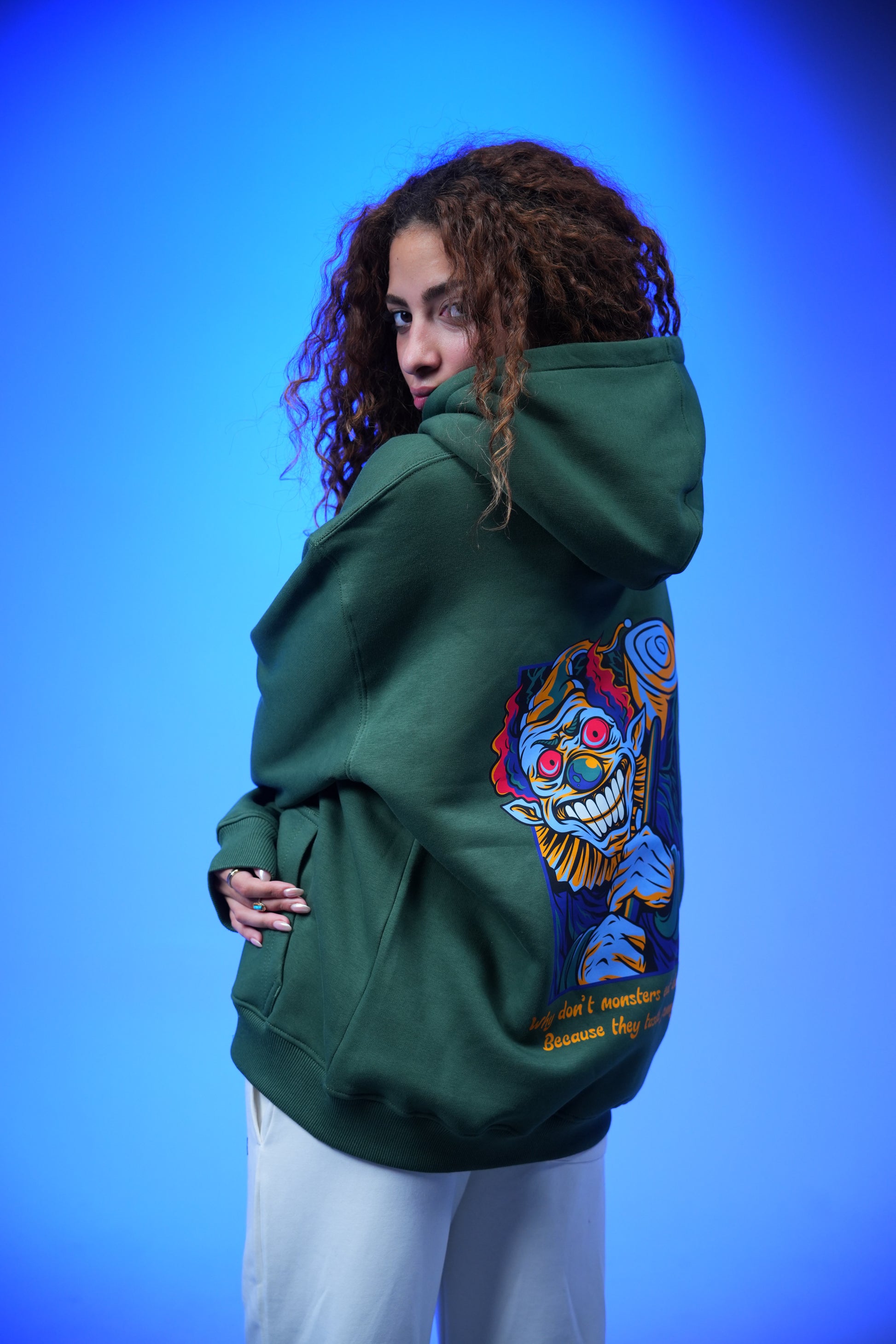 “What don’t monsters eat clowns Because they taste funny” Printed Oversized Hoodie Dark Green - Denjoe