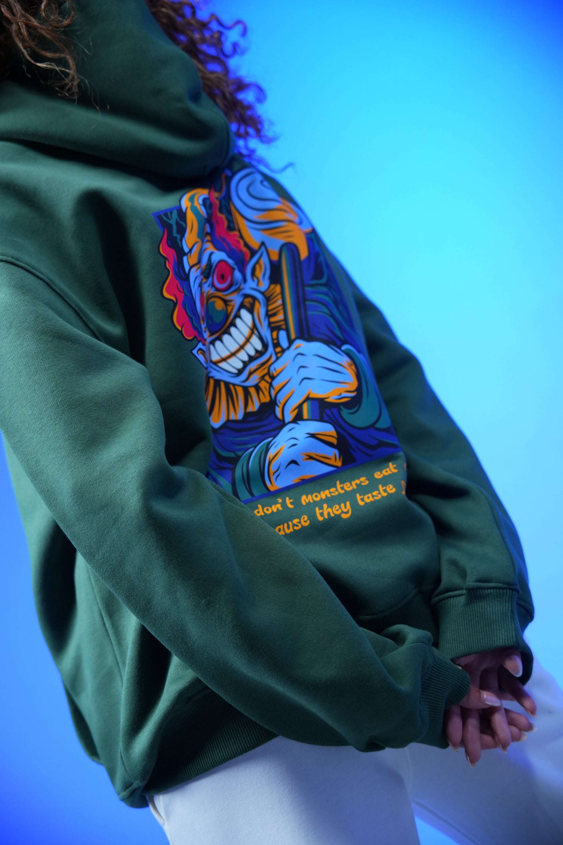 “What don’t monsters eat clowns Because they taste funny” Printed Oversized Hoodie Dark Green - Denjoe