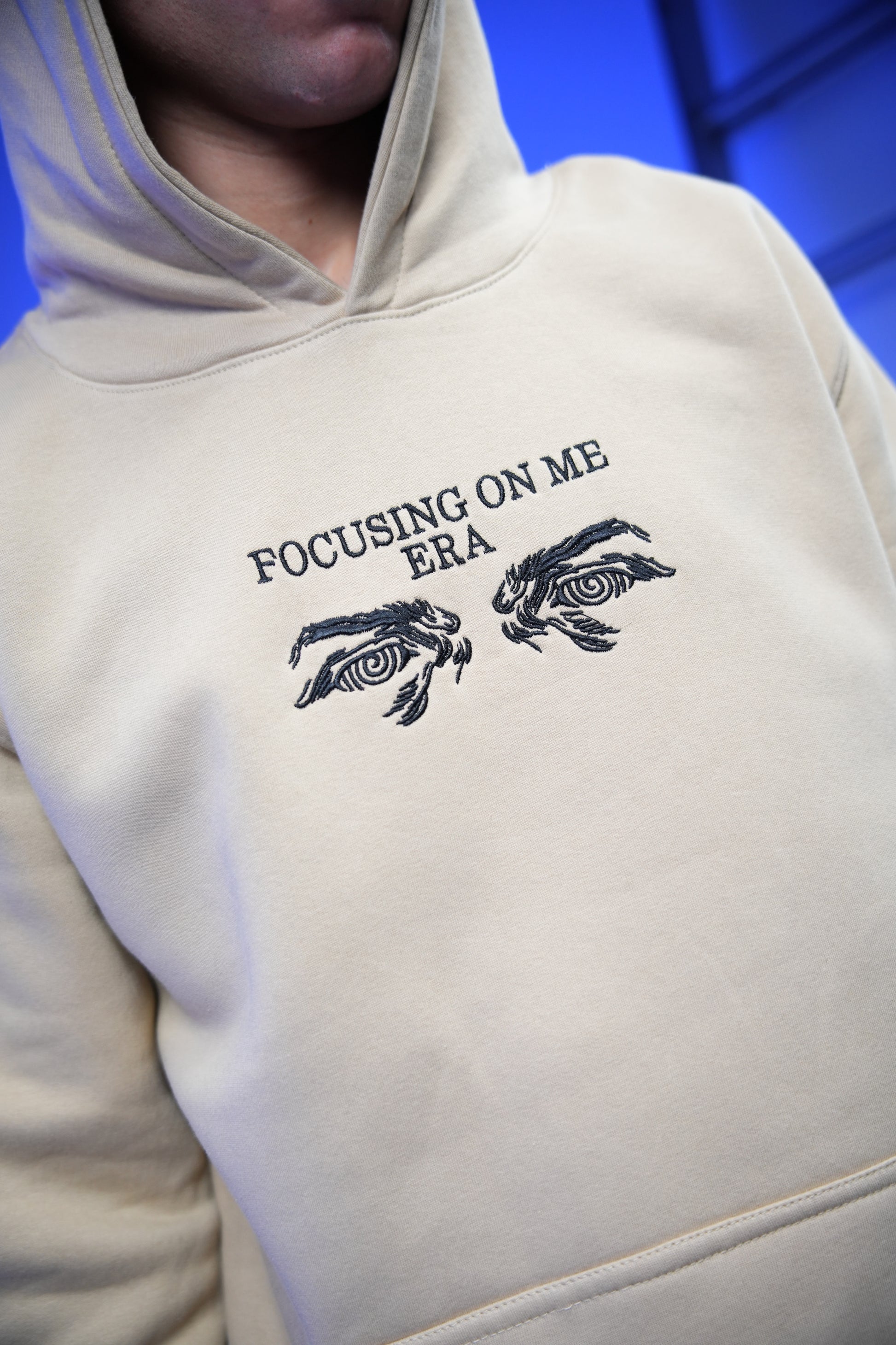 “FOCUSING ON ME ERA” Embroidery Oversized Hoodie Beige - Denjoe