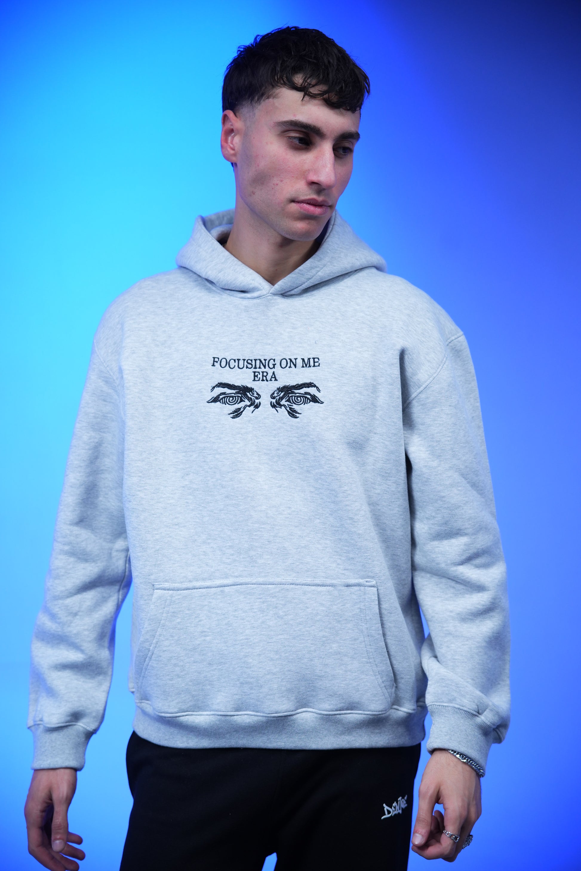 “FOCUSING ON ME ERA” Embroidery Oversized Hoodie Light Gray - Denjoe