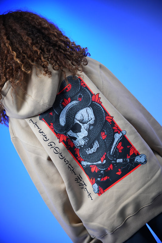 “Skull” Printed Oversized Hoodie Begie - Denjoe