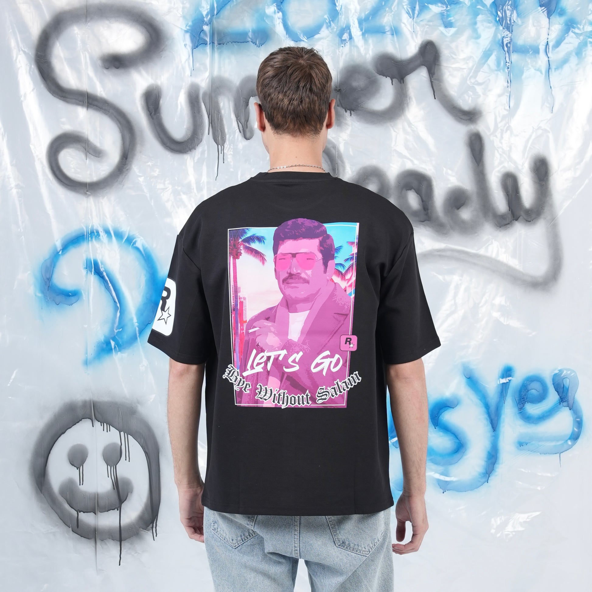 “BYE WITHOUT SALAM” Printed Oversized Tee - Denjoe