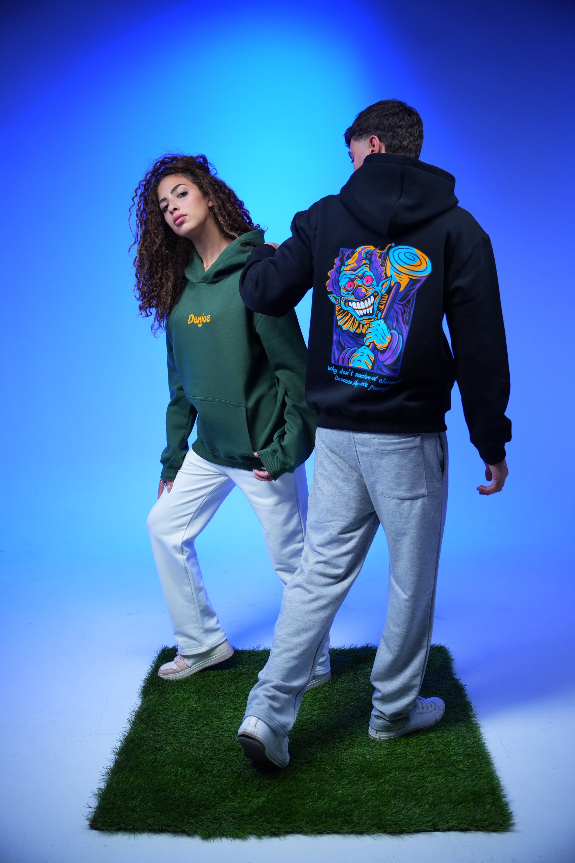 “What don’t monsters eat clowns Because they taste funny” Printed Oversized Hoodie Dark Green - Denjoe