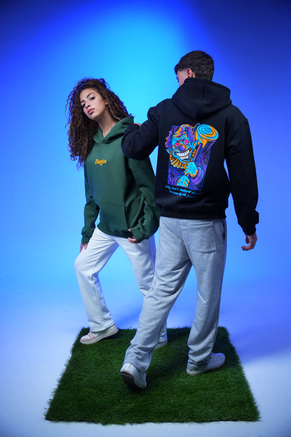 “What don’t monsters eat clowns Because they taste funny” Printed Oversized Hoodie Dark Green - Denjoe