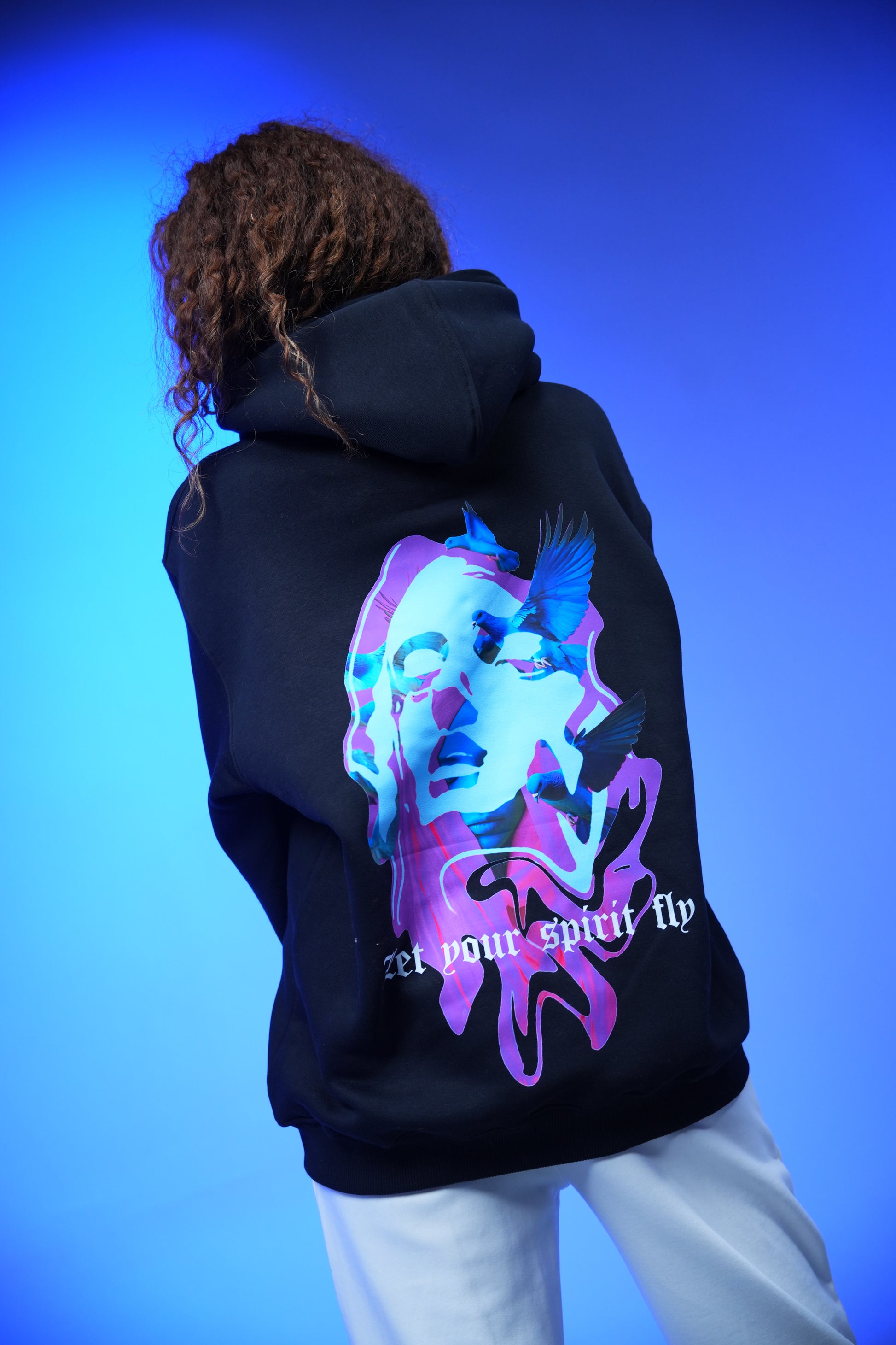 “Let your spirit fly” Printed Oversized Hoodie Black - Denjoe