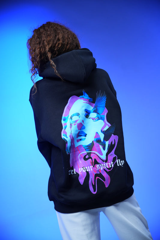 “Let your spirit fly” Printed Oversized Hoodie Black - Denjoe