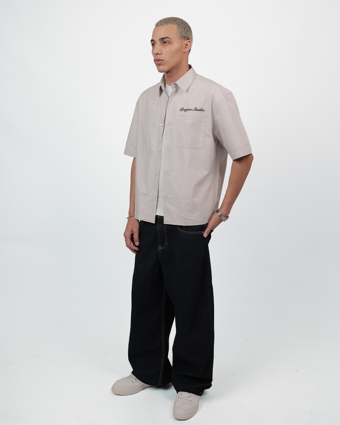 Short Sleeve Linen Shirt Boxy Fit - Sand Beige