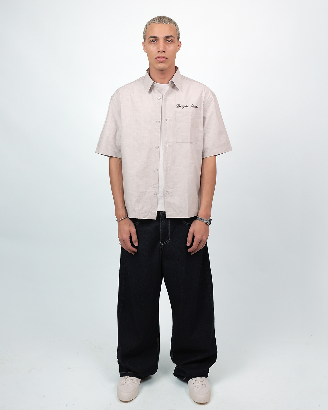 Short Sleeve Linen Shirt Boxy Fit - Sand Beige