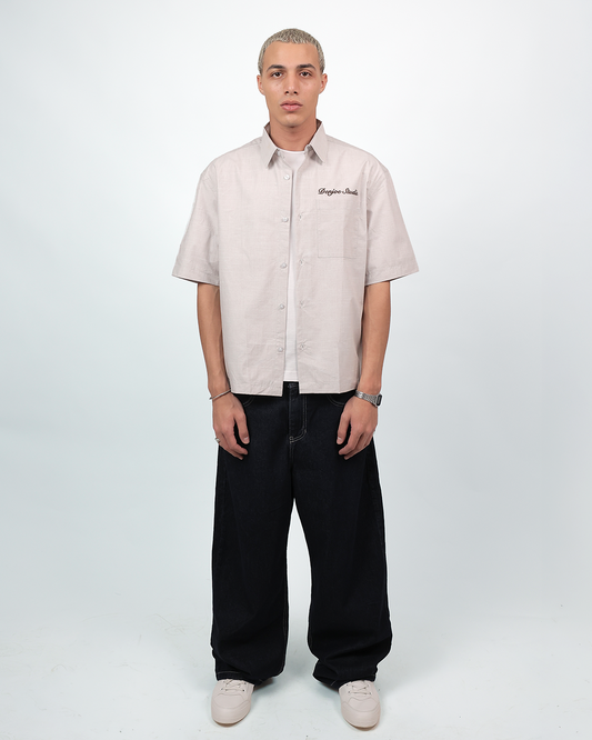 Short Sleeve Linen Shirt Boxy Fit - Sand Beige