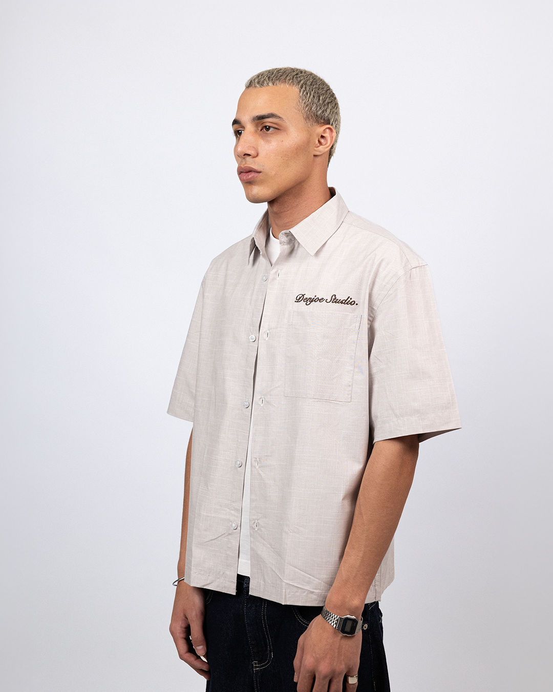 Short Sleeve Linen Shirt Boxy Fit - Sand Beige